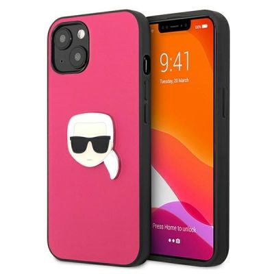 Karl Lagerfeld Leder Ikonik Karl's Head Metallhülle für iPhone 13 mini - Rosa