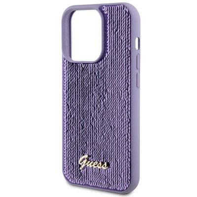 6. Guess Pailletten-Schriftzug-Metallgehäuse für iPhone 15 Pro – Lila