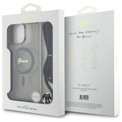 7. Guess Crossbody Cord Script MagSafe Hülle für iPhone 16 Pro Max – Schwarz