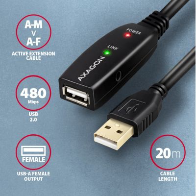 3. Axagon ADR-220 USB 2.0 AM -> AF Aktives Verlängerungs-/Repeaterkabel 20 m Schwarz
