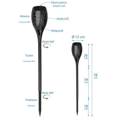 36. Solar-Fackel mit tanzenden Flammen, 12 x 12 x 78 cm, 36 LEDs, Größe XXXL