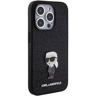 4. Karl Lagerfeld Glitzer-Ikonik-Logo-Metallhülle für iPhone 15 Pro Max – Schwarz