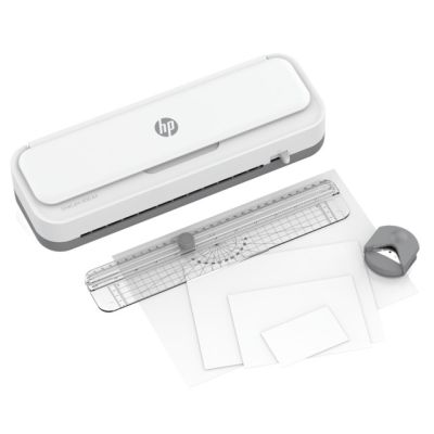 18. HP ONELAM Laminiergerät 400 A4, kalt/heiß, integrierter Trimmer, Eckenrunder, Geschwindigkeit 40 cm/min + 15 Laminierfolien: 3x A4, 4x A5, 4x A6, 4x B-Card, weiß