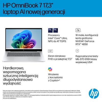 11. HP OmniBook 7 17-DC0073CL Ultra 7 258V 17,3" FHD Touchscreen, 32 GB SSD, 1 TB BT, Schwarz, Schwarz, GeForce RTX 4050 6 GB, Windows 11, Silber (Neuverpackung), 2 Jahre Garantie