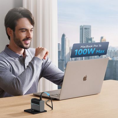 6. Cuktech CUKAD1003EUG GaN 100W Wandladegerät 2 x USB-C 1 x USB-A mit USB-C-Kabel - Grau