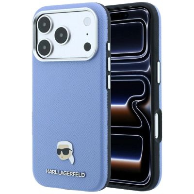 Karl Lagerfeld MagSafe-Schutzhülle mit genarbtem Karl-Kopf-Motiv für iPhone 18 Pro / 17 Pro – Hellblau