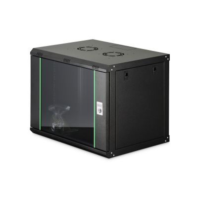 10. DYNAmic 19" 9HE Wand-Netzwerkschrank 600x450 mm, Glastür, schwarz, ungeteilt, montiert, 60 kg