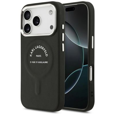 Karl Lagerfeld MagSafe Hülle mit geprägtem offenem Ring und RSG-Logo für iPhone 17 Pro Max / 18 Pro Max – Schwarz