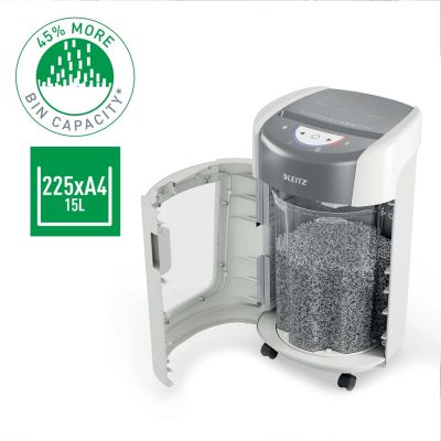 2. Leitz IQ OptiMax Home Office 225 Aktenvernichter, 15 l, P5, 6 Blatt, automatischer Start/Stopp, Rücklauffunktion, drehbarer Auffangbehälter – 33 % mehr Aktenkapazität