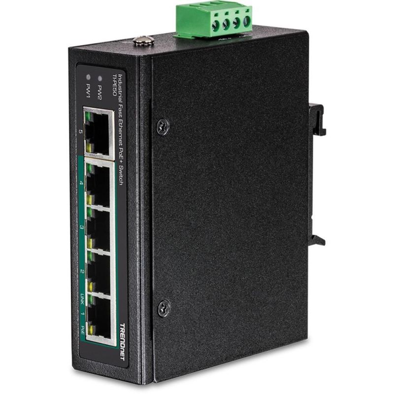 TRENDnet TI-PE50 Switch – unmanaged – 4 x 10/100 (PoE+) + 1 x 10/100 – DIN-Schienen- und Wandmontage – PoE+ (90 W) – DC