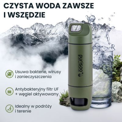7. Extralink PURISOO+ Flasche mit Filtersystem und Pumpe, 400 ml, UF + ACF Filter, Wasserfilterflasche 0,4 l, Grün, Oliv