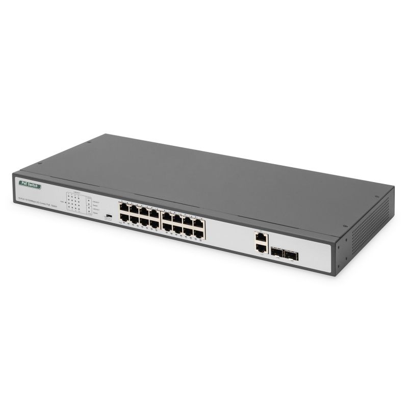 Fast-Ethernet-PoE-Switch mit 16 PoE-Ports + 2 Combo-Ports, 250 W PoE-Budget