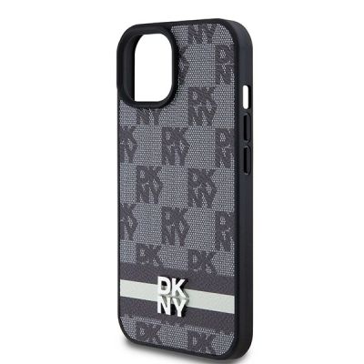 6. DKNY Lederhülle mit kariertem Monomuster und bedruckten Streifen für iPhone 15/14/13 – Schwarz