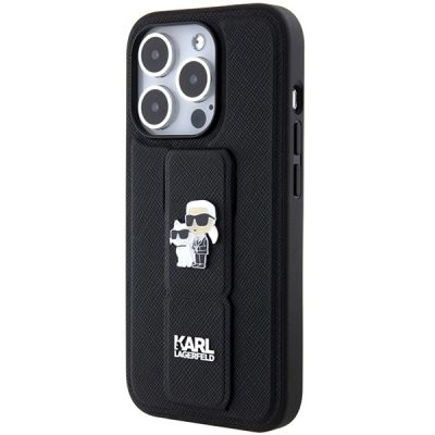 2. Karl Lagerfeld Gripstand Saffiano Karl&Choupette Pins Hülle für iPhone 14 Pro – Schwarz