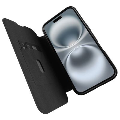 9. Puro Book Mag MagSafe Lederhülle mit Flip und Kartensteckplatz für iPhone 16 – Schwarz