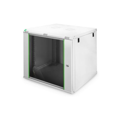 10. DYNAmic 19" 9U 600x600 Wand-Netzwerkschrank, Glastür, grau, ungeteilt, montiert, 60 kg