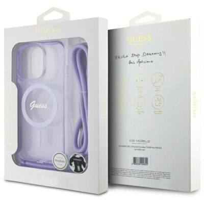 7. Guess Crossbody Cord Script MagSafe-Hülle für iPhone 16 Pro Max – Lila