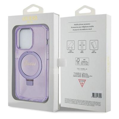 8. Guess Ring Stand Script Glitter MagSafe Hülle für iPhone 14 Pro Max – Lila