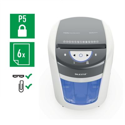 5. Leitz IQ OptiMax Home Office 225 Aktenvernichter, 15 l, P5, 6 Blatt, automatischer Start/Stopp, Rücklauffunktion, drehbarer Auffangbehälter – 33 % mehr Aktenkapazität