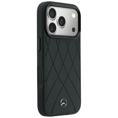 4. Mercedes Lederhülle mit gekreuzten Linien und MagSafe-Design für iPhone 17 Pro / 18 Pro – Schwarz