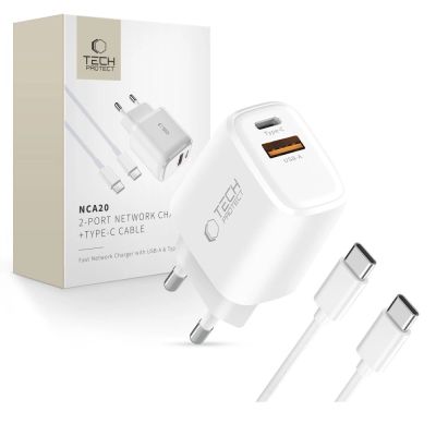 Tech-Protect NCA20 PD 20W QC3.0 USB-A / USB-C Wandladegerät + USB-C / USB-C Kabel 100cm - Weiß