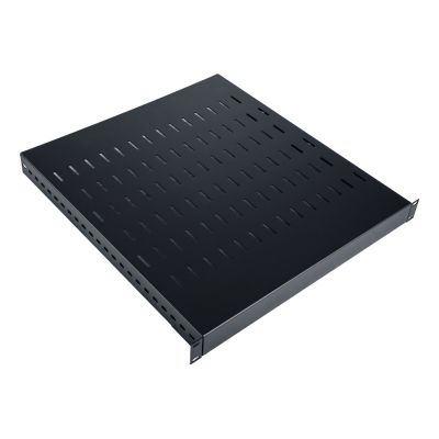 3. 19" verstellbarer Einlegeboden, 1 HE, Tiefe 500-900 mm, Tragfähigkeit 100 kg, 4-Punkt-Befestigung, schwarz, Schrauben im Lieferumfang enthalten.