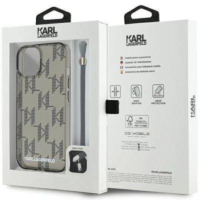 7. Karl Lagerfeld IML Mono KL Pattern & Cord Hülle für iPhone 15 / 14 / 13 – Schwarz