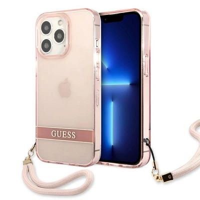 Guess Transparente Schutzhülle mit Riemen für iPhone 13 Pro Max – Pink