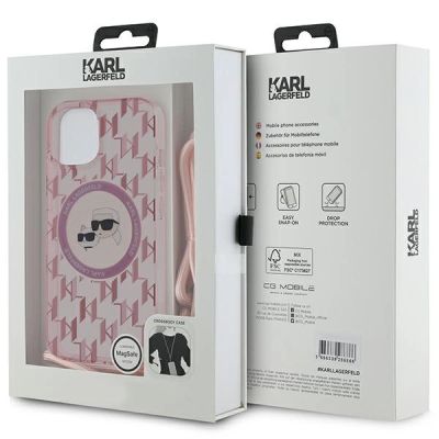 7. Karl Lagerfeld IML Crossbody Monogram Karl & Choupette Head MagSafe-Hülle für iPhone 15 / 14 / 13 – Rosa