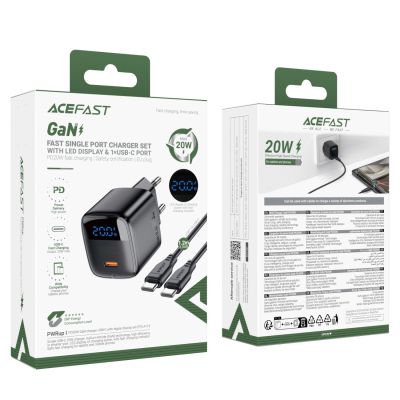 5. Acefast A113 GaN PD 20W USB-C Wandladegerät mit Display mit USB-C Kabel - Schwarz
