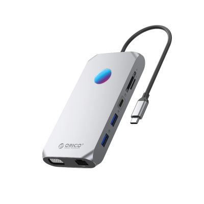 Orico XCR 12-in-1 RGB USB-C Dockingstation mit 3x USB-A 3.1, 1x USB-A 2.0, 1x USB-C PD 100 W, 1x USB-C 3.1, 1x HDMI 1.4 4K 30Hz, 1x VGA 1080p, 1x microSD/SD 3.0, 1x RJ Gigabit Ethernet, 1x Audio CTIA 3,5 mm – Grau