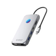 Orico XCR 12-in-1 RGB USB-C Dockingstation mit 3x USB-A 3.1, 1x USB-A 2.0, 1x USB-C PD 100 W, 1x USB-C 3.1, 1x HDMI 1.4 4K 30Hz, 1x VGA 1080p, 1x microSD/SD 3.0, 1x RJ Gigabit Ethernet, 1x Audio CTIA 3,5 mm – Grau