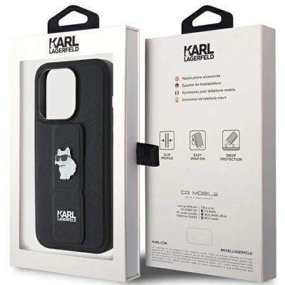9. Karl Lagerfeld Gripstand Saffiano Choupette Pins Hülle für iPhone 15 Pro – Schwarz