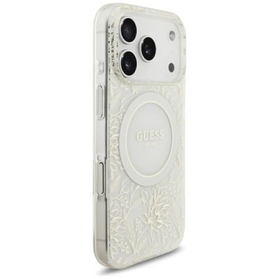4. Guess IML Blumenmuster, galvanisiert, mit Perlmuttriemen und MagSafe-Hülle für iPhone 18 Pro / 17 Pro – Weiß