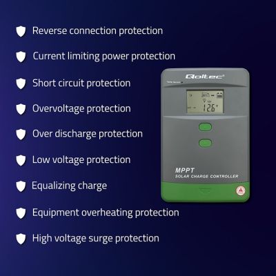 11. Qoltec MPPT-Solarladeregler mit Temperatursensor 80 A | 12 V / 24 V / 36 V / 48 V | LCD | Bluetooth | App | GEL | LiFePO4