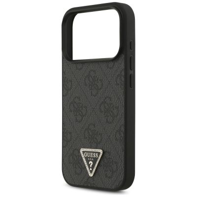 6. Guess Leather 4G Triangle Strass MagSafe Hülle für iPhone 18 Pro / 17 Pro - Schwarz
