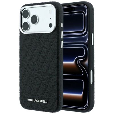 Karl Lagerfeld MagSafe-Schutzhülle aus Metall mit genarbtem Allover-Logo für iPhone 17 Pro / 18 Pro – Schwarz
