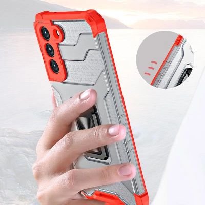 9. Crystal Ring Case robuste Kickstand TPU/PC Panzer Handyhülle Hard Case für Samsung Galaxy S22+ (S22 Plus) rot