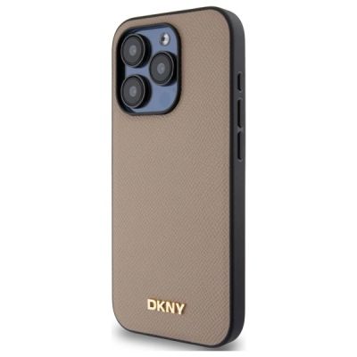 2. DKNY MagSafe iPhone 15 Pro Hülle mit genarbtem Metalllogo – Beige