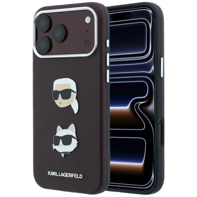 Karl Lagerfeld Saffiano Hülle mit Karl & Choupette Köpfen Pins & Logo für iPhone 18 Pro / 17 Pro - bordeauxrot