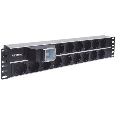 11. Intellinet 19" Rackmount-Steckdosenleiste 2U, 15 Schuko-Steckdosen, Doppelschalter, 3 m Kabel