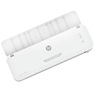16. HP ONELAM 400 A3 Laminiergerät, Kalt-/Heißlaminierung, integrierter Trimmer, Eckenrunder, Geschwindigkeit 40 cm/min + 15 Laminierfolien: 3 x A4, 4 x A5, 4 x A6, 4 x B-Card, weiß