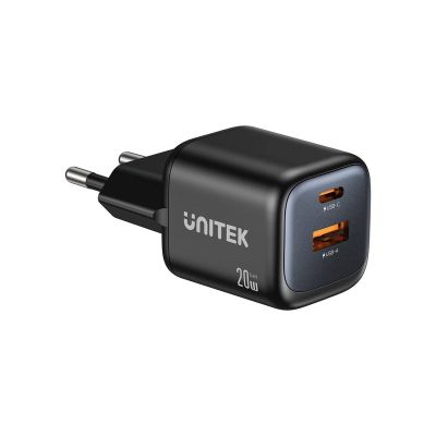 UNITEK 2X GAN Wandladegerät USB-C & USB-A 20W Schwarz