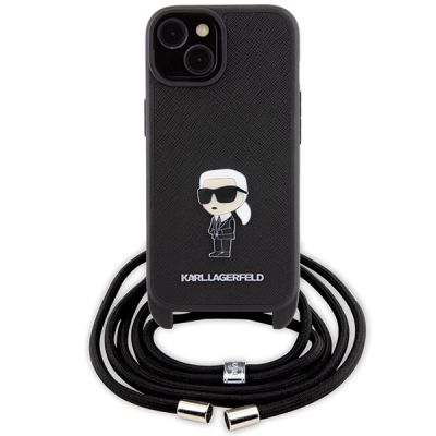 2. Karl Lagerfeld Umhängetasche mit Saffiano-Monogramm und Metallnadel, Karl & Choupette-Hülle für iPhone 15 – Schwarz