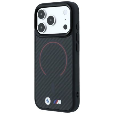 2. BMW M Kevlar MagSafe Hülle mit rotem Printring und Metalllogo für iPhone 18 Pro Max / 17 Pro Max – Schwarz