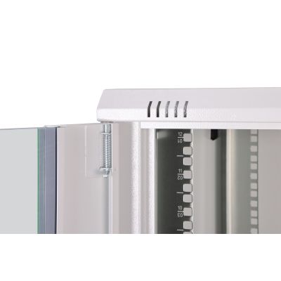 7. Digitus DYNAmic 19" 12U 600x600 Wand-Netzwerkschrank, Glastür, grau, ungeteilt, montiert, 60 kg