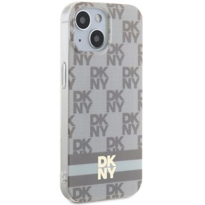 4. DKNY IML Checkered Mono Pattern & Printed Stripes MagSafe Hülle für iPhone 15 Plus / 14 Plus – Beige