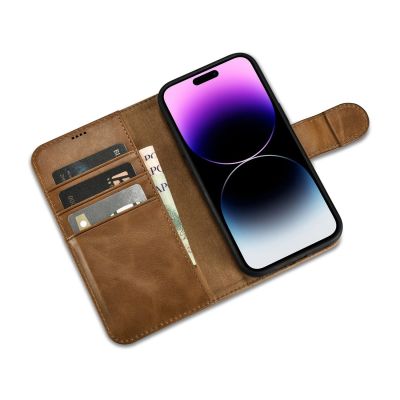 9. iCarer Oil Wax Wallet Case 2in1 Cover iPhone 14 Pro Anti-RFID Leder Flip Case Braun (WMI14220722-TN)