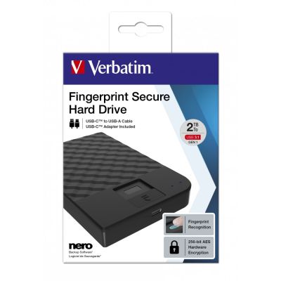3. Verbatim Externe Festplatte mit Fingerabdrucksensor, 2 TB, USB Typ-C 3.2 Gen 1 (3.1 Gen 1), Schwarz