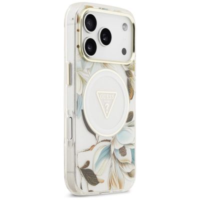 4. Guess IML Glitter Flowers Triangle MagSafe Hülle für iPhone 18 Pro Max / 17 Pro Max – weiß